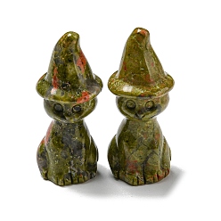 Unakite Natural Unakite Carved Healing Cat with Witch Hat Figurines, Reiki Energy Stone Display Decorations, 48~50x19~21mm