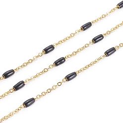 Black Ion Plating(IP) 304 Stainless Steel Cable Chains, with Enamel Oval Beads, Soldered, with Spool, Flat Oval, Golden, Black, 5x2.5mm, Link: 2x1.6x0.3mm, about 32.8 Feet(10m)/roll
