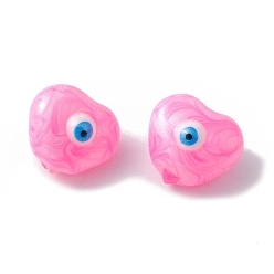 Perlas de Color Rosa Perlas de vidrio, con esmalte, corazón con patrón de mal de ojo, rosa perla, 10.5x11x7 mm, agujero: 1 mm