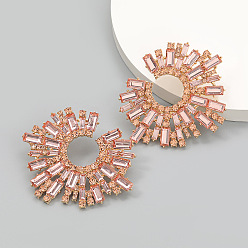 Light Rose Shiny Rhinestone Irregular Statement Stud Earrings, Sun Shape Alloy Earrings for Women, Light Rose, 58x68mm