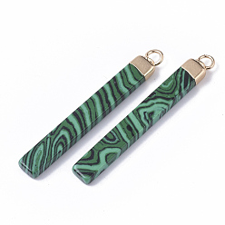 Malachite Top Golden Plated Synthetic Malachite Pendants, with Golden Tone Iron Loops, Bar, 44~45x5.5x3mm, Hole: 2mm