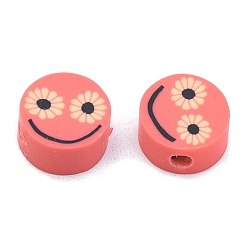 Tomate Perles en fimo faits à la main, plat rond avec motif de visage souriant, tomate, 9x4.5mm, Trou: 1.8mm
