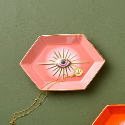 Corail Clair Assiette à bijoux en porcelaine, plateau de rangement pour bagues, , boucle, hexagone avec motif mauvais œil, corail lumière, 166x110x25mm
