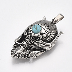 Antique Silver Alloy Big Pendants, with Synthetic Turquoise, Skull, Antique Silver, 57x31.5x23mm, Hole: 8.5x3.5mm