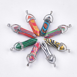 Mixed Color Synthetic Malachite Pendants, Double Terminated Pointed Pendants, with Alloy Findings, Bullet, Platinum, Mixed Color, 38.5~42x13x10mm, Hole: 5x3.5mm