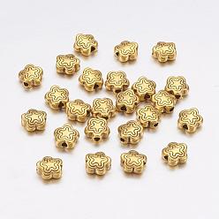 Antique Golden Tibetan Style Alloy Beads, Lead Free & Nickel Free & Cadmium Free, Antique Golden Color, Flower, Great for Mother's Day Gifts making, about 7mm long, 7mm wide, 2.5mm thick, hole: 1.5mm