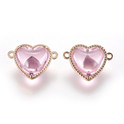 Pink Glass Links connectors, with Eco-Friendly Alloy Findings, Heart, Light Gold, Pink, 14x18.5x7mm, Hole: 1.2mm