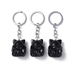 Obsidienne Porte-clés en obsidienne naturelle, avec des fermoirs porte-clés en fer, fox, 8 cm