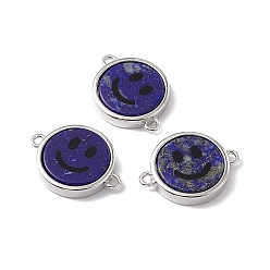 Lapis Lazuli Natural Lapis Lazuli Connector Charms, Flat Round with Smiling Face Links, with Rack Plating Platinum Tone Brass Findings, Cadmium Free & Lead Free, 15.5x20x3mm, Hole: 1.6mm