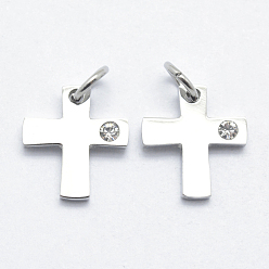 Stainless Steel Color 316 Surgical Stainless Steel Tiny Cross Charms, with Cubic Zirconia, Long-Lasting Plated, Clear, Stainless Steel Color, 12x11x2mm, Hole: 3mm