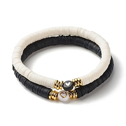 Gold Heart Pattern Beads Stretch Bracelets Set for Women, Polymer Clay Heishi Beads Surfer Bracelet, White & Black, Gold, Inner Diameter: 2-1/4 inch(5.8cm), 2pcs/set