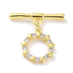 Real 18K Gold Plated Rack Plating Brass Micro Pave Clear Cubic Zirconia Toggle Clasps, Star Ring, Cadmium Free & Lead Free, Long-Lasting Plated, Real 18K Gold Plated, Ring: 15x13x3mm, Bar: 5.5x21.5x2.5mm