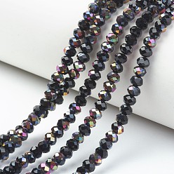 Black Electroplate Opaque Glass Beads Strands, Half Rose Gold Plated, Faceted, Rondelle, Black, 4x3mm, Hole: 0.4mm, about 123~127pcs/strand, 16.5~16.9 inch(42~43cm)
