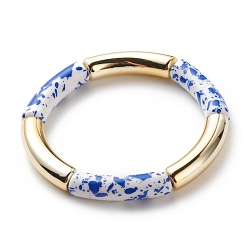 Blue Acrylic Curved Tube Beaded Stretch Bracelet, Chunky Bamboo Friendship Braceelet for Women, Blue, Inner Diameter: 2-1/8 inch(5.3cm)