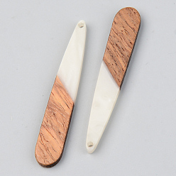 Floral White Opaque Resin & Walnut Wood Pendants, Teardrop, Floral White, 44x7.5x3mm, Hole: 1.5mm