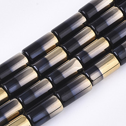 Black Half Electroplate Glass Beads Strands, Column, Black, 19.5~20x10mm, Hole: 1.4mm, about 15~17pcs/strand, 13.39 inch(34cm)