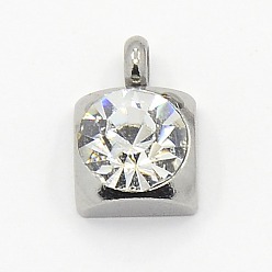 Crystal 201 Stainless Steel Rhinestone Square Charm Pendants, Grade A, Faceted, Crystal, 9x6x4mm, Hole: 1mm