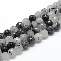 Rutilated Quartz Natural Black Rutilated Quartz Beads Strands, Faceted(128 Facets), Round, 6~7mm, Hole: 1mm, about 60~61pcs/strand, 15.7 inch