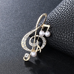 Light Gold Broche de nota musical de diamantes de imitación de cristal con cuentas de perlas de imitación, insignia de aleación para ropa de mochila, la luz de oro, 54x25 mm