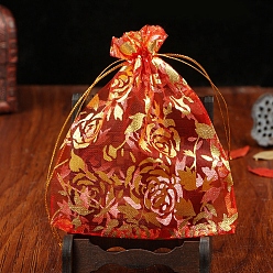 Rouge Pochettes à bijoux en organza avec cordon de serrage, sacs-cadeaux de fête de mariage, rectangle avec motif de fleurs estampé d'or, rouge, 9x7 cm