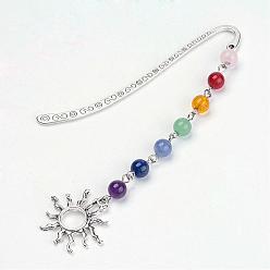 Antique Silver Tibetan Style Alloy Pendants Bookmarks, Sun, with Mixed Gemstone Beads, Chakra Theme, Antique Silver, 83.5x13x1.5mm