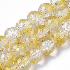 Gold Transparent Spray Painted Crackle Glass Bead Strands, with Golden Foil, Round, Gold, 8~9mm, Hole: 1.2~1.5mm, about 46~56pcs/Strand, 14.37 inch~16.3 inch(36.5~41.4cm)