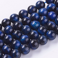 Medium Blue Natural Tiger Eye Beads Strands, Dyed, Round, Medium Blue, 10mm, Hole: 1mm, about 38pcs/strand, 15 inch