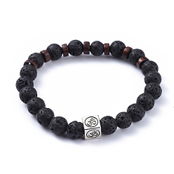 Lava Rock Natural Lava Rock Stretch Bracelets, with Wood Beads and Tibetan Style Alloy Beads, Cube with Om Symbol, 2-3/8 inch(5.9cm)