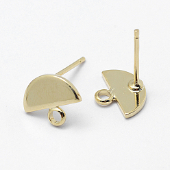 Real 18K Gold Plated Brass Stud Earring Findings, with Loop and Flat Plate, Steel Pins, Long-Lasting Plated, Nickel Free, Real 18K Gold Plated, Semicircle, 8x10x1mm, Hole: 1.5mm, Pin: 0.8mm