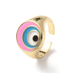 Pearl Pink Evil Eye Rack Plating Brass Enamel Cuff Ring for Women, Wide Band Open Finger Ring, Lead Free & Cadmium Free, Real 18K Gold Plated, Pearl Pink, Inner Diameter: US Size 7(17.3mm)