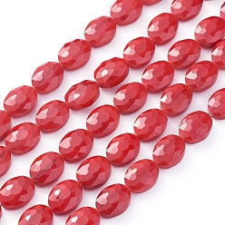 Roja Brillo nacarado hebras de perlas de vidrio chapado, oval con facetas, rojo, 16x12x7~7.5 mm, agujero: 1 mm, sobre 24 unidades / cadena, 15 pulgada