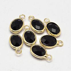 Black Oval Faceted Golden Tone Brass Glass Charms, Black, 12x7x3.5mm, Hole: 1mm