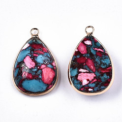 Cerise Teardrop Assembled Synthetic Turquoise and Natural Regalite/Imperial Jasper Pendants, with Iron Loop and Brass Edge, Light Gold, Dyed, Cerise, 30x19x7~8mm, Hole: 2mm