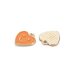 Orange Alloy Enamel Charms, Cadmium Free & Lead Free, Light Gold, Heart with Smile, Orange, 13x12x1.5mm, Hole: 1.6mm