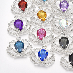 Mixed Color Brass Cabochons, with Acrylic Rhinestone and Glass Rhinestone, Crown, Silver, Mixed Color, 28~29x35~38x6mm