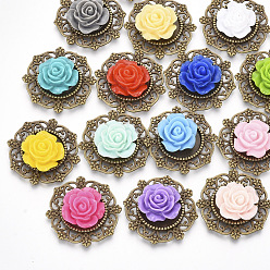 Mixed Color Resin Cabochons, with Antique Bronze Plated Alloy Findings, Flower, Mixed Color, 26x26x7mm