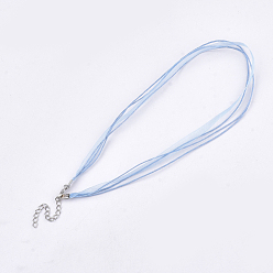 Light Blue Waxed Cord and Organza Ribbon Necklace Making, with Iron Lobster Claw Clasps, Platinum, Light Blue, 17.6 inch~17.8 inch(45~455cm), 7mm