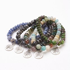 Mixed Stone Natural Gemstone Bead Charm Bracelets, with Alloy Findings, Flat Round with Tree, 2 inch(5.1cm), Pendant: 20x15x2mm