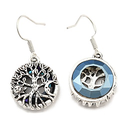 Antique Silver Alloy Tree of Life Dangle Earrings with Glass for Women, Antique Silver, 35x16.5mm