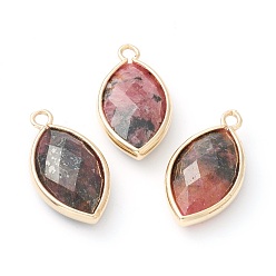 Rhodonite Natural Rhodonite Pendants, with Golden Brass Edge, Faceted, Horse Eye, 22x12x5.5mm, Hole: 1.8mm