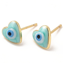 Pale Turquoise Enamel Heart with Evil Eye Stud Earrings, Real 18K Gold Plated Brass Jewelry for Women, Pale Turquoise, 8x8mm, Pin: 0.7mm