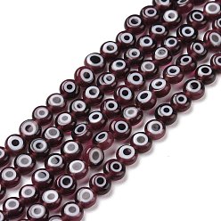 Dark Violet Handmade Lampwork Beads, Flat Round with Evil Eye, Dark Violet, 4.5x2.5mm, Hole: 0.6mm, about 90~100pcs/strand, 15.35''~15.75''(39~40cm)