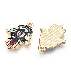 Colorful Printed Light Gold Tone Alloy Pendants, Hamsa Hand with Eye Charms, Colorful, 23x18x2mm, Hole: 1.4mm