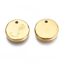 Scorpio 316 Surgical Stainless Steel Charms, Flat Round with Constellation, Real 14K Gold Plated, Scorpio, 10x2mm, Hole: 1mm