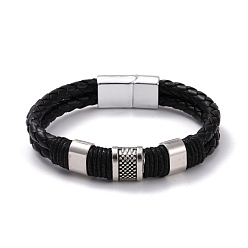 Black Retro Leather Braided Cord Bracelet for Men, Rectangle Alloy Beads Bracelet with Magnetic Clasps, Antique Silver, Black, 8-1/2 inch(21.5cm)