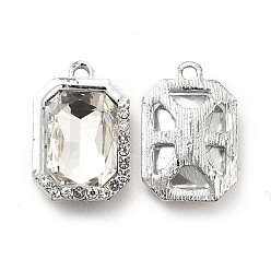 Claro Colgantes de cristal de aleación, colgante de rectángulo octágono de diamantes de imitación de cristal, Platino, Claro, 21x14x6 mm, agujero: 1.8 mm