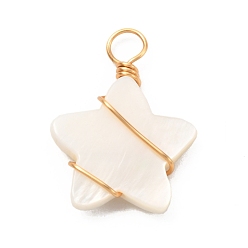 Creamy White Natural Freshwater Shell Pendants, with Real 18K Gold Plated Eco-Friendly Copper Wire, Star, Creamy White, 24x18x4mm, Hole: 4mm