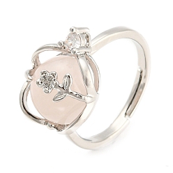 Розовый Кварц Регулируемое кольцо из натурального розового кварца круглой формы с цветком, платиновое латунное кольцо с хрустальными стразами, внутренний диаметр: 18 мм