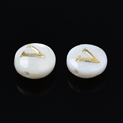 Letter V Natural Freshwater Shell Beads, with Golden Plated Brass Etched Metal Embellishments, Flat Round with Letter, Seashell Color, Letter.V, 6x4mm, Hole: 0.8mm