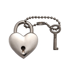 Platinum Heart Padlock & Key Alloy Pendant Decorations, with Iron Ball Chains, Platinum, 65mm